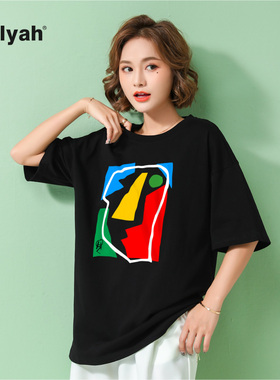 Ohlyah品牌 oversizet恤短袖女港风个性涂鸦洋气时尚印花圆领黑色