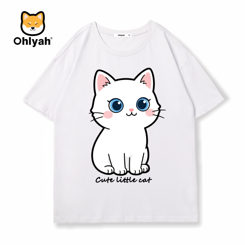 Ohlyah品牌软萌白色小奶猫图案情侣短袖T恤男女同款夏季纯棉半袖,男装,T恤,淘宝优惠券,粉丝福利购,淘宝优惠卷