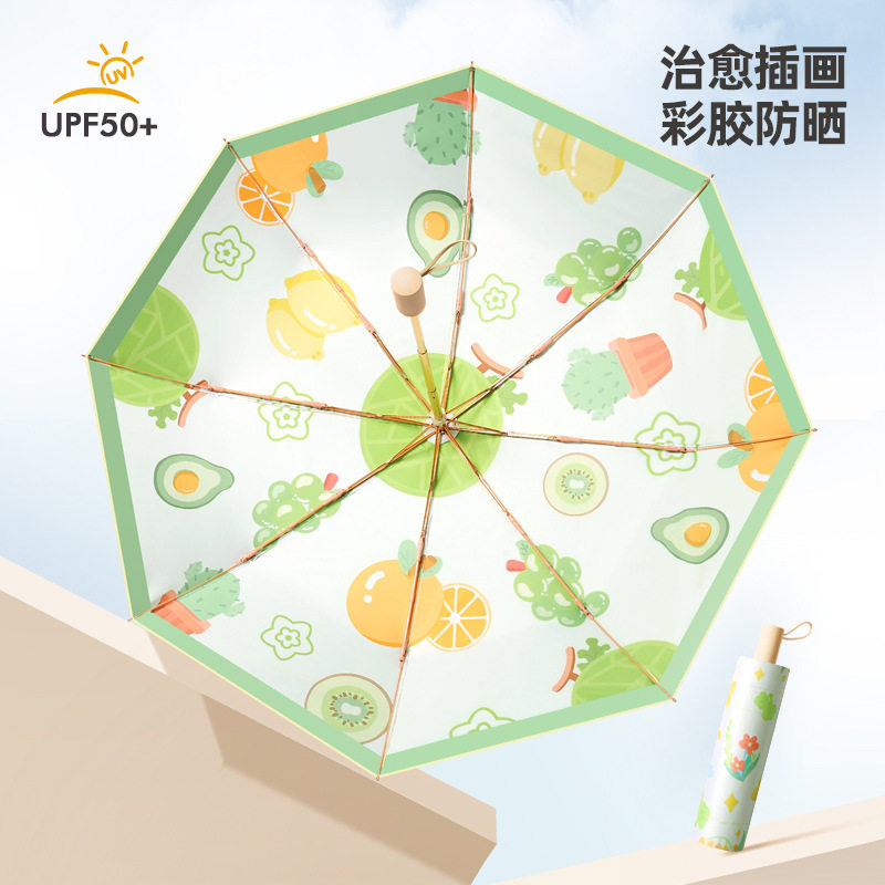 彩胶小清新插画手开木柄三折伞折叠女金架子遮阳礼品伞现货