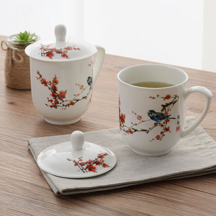 带盖骨瓷水杯办公会议杯金边茶杯花茶杯创意礼印制LOGO货源