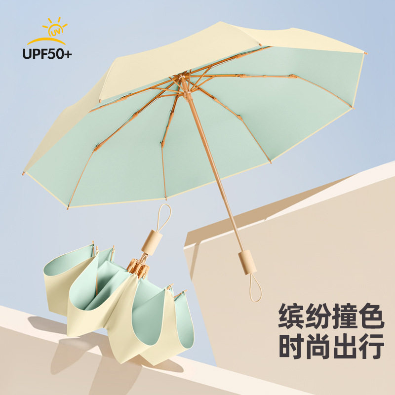 手开彩胶小清新木柄三折伞折叠女金架子遮阳礼品伞现货