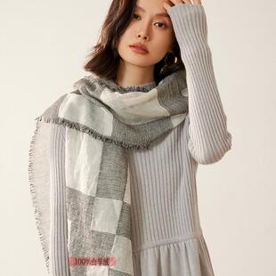 爆款时尚100纯山羊绒剪边围巾女秋冬柔软百搭高级感格子针织披肩