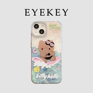 eyekey适用夏日卡通冲浪猫咪iPhone15promax苹果13手机壳14pro水钻max可爱iphone14少女15韩风plus防摔保护套