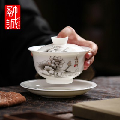 悬停羊脂玉青花三才盖碗