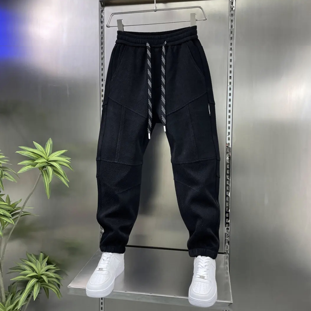 冬季新款加绒加厚修身纯色束脚裤时尚百搭撞色抽绳男士简约休闲裤