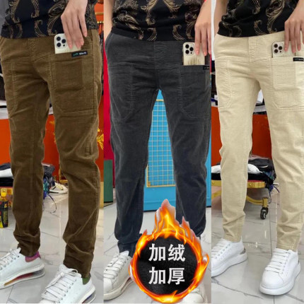秋冬小脚休闲裤男加绒加厚灯芯绒六口袋哈伦裤修身百搭束脚运动裤