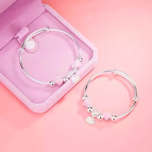 999纯银手镯女公主kitty爱心形儿童小孩宝宝实心卡通可爱推拉手环