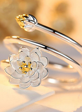 925银莲花银戒指纯银女开口创意