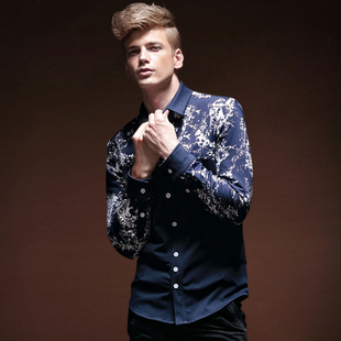 男装 男长袖 冬装 拼接碎花保暖衬衫 加绒加厚衬衣打底衫 凡转潮牌大码