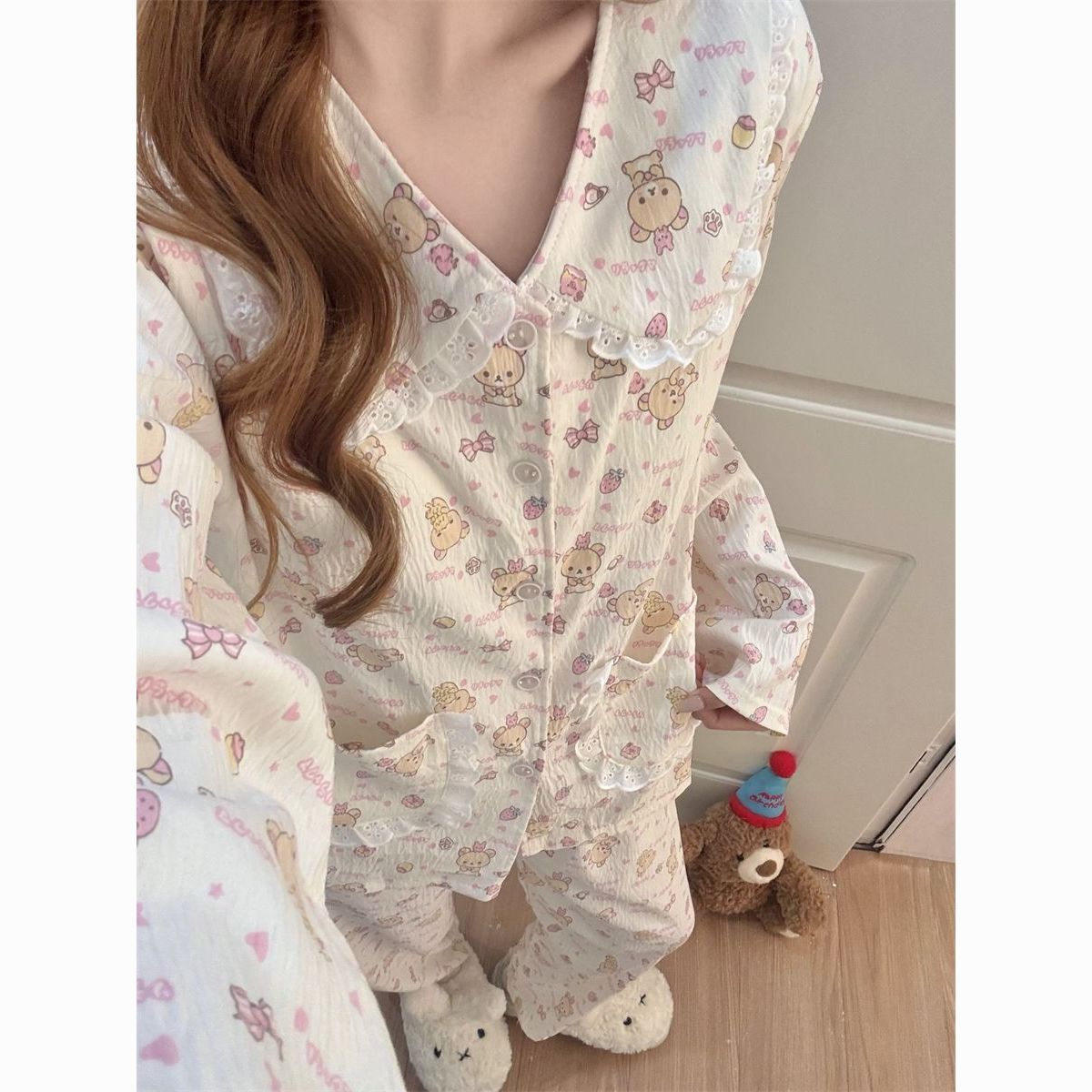春秋云朵棉带胸垫女睡衣长袖套装