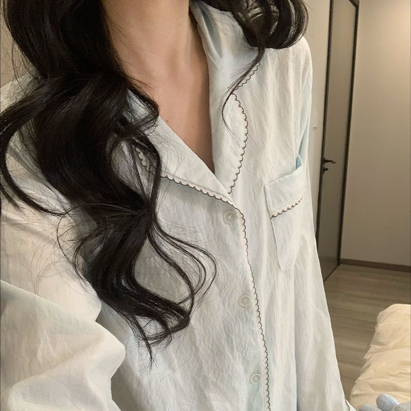 春秋甜美少女翻领亲肤睡衣套装