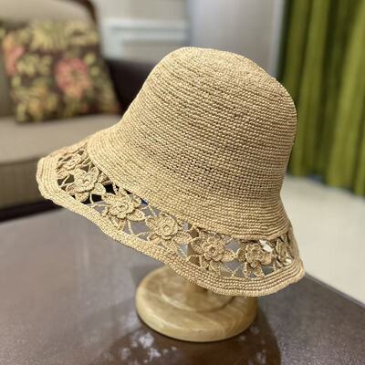重工拉菲草帽女夏季镂空蕾丝花边防晒透气遮阳帽