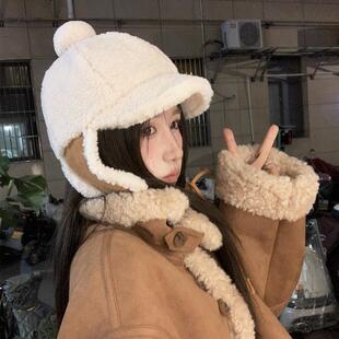 秋冬新款雷锋帽女韩国东大门可爱羊羔毛鹿皮绒帽子护耳保暖飞行帽