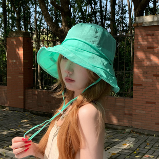 薄款透气速干渔夫帽女夏季系带遮阳帽可折叠防晒帽户外登山帽子潮