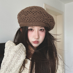 手工钩织贝雷帽子女秋冬显脸小复古画家帽2025新款百搭洋气针织帽