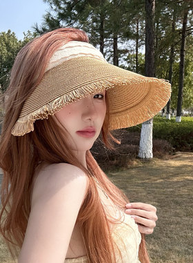 毛须须空顶草帽女夏季防晒遮阳帽海边度假沙滩帽韩版编织太阳帽潮