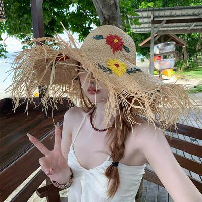 法式花朵拉菲草帽女夏大帽檐草编遮阳防晒帽海边沙滩度假太阳帽子
