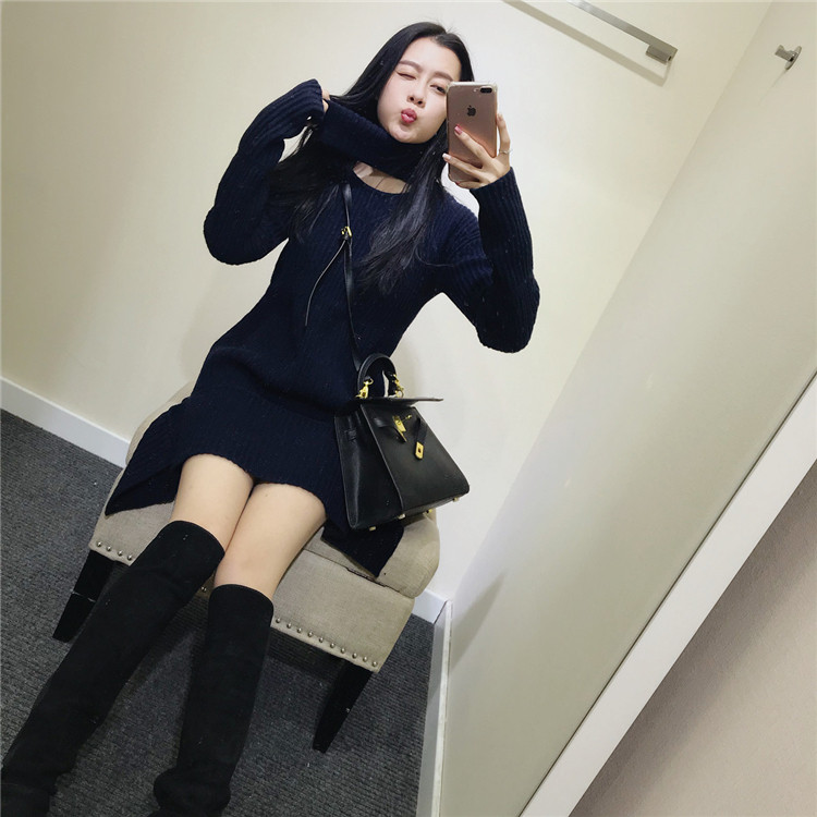 中长款高领镂空开叉藏蓝色针织坑条心机毛衣设计感连衣裙女打底衫