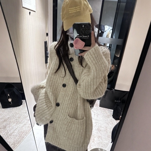 秋冬慵懒松弛感高领粗线毛衣外套女中长款叠穿宽松加厚针织开衫