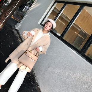 秋冬中长款双面呢手工毛呢外套女系带翻领A字宽松羊毛呢子大衣