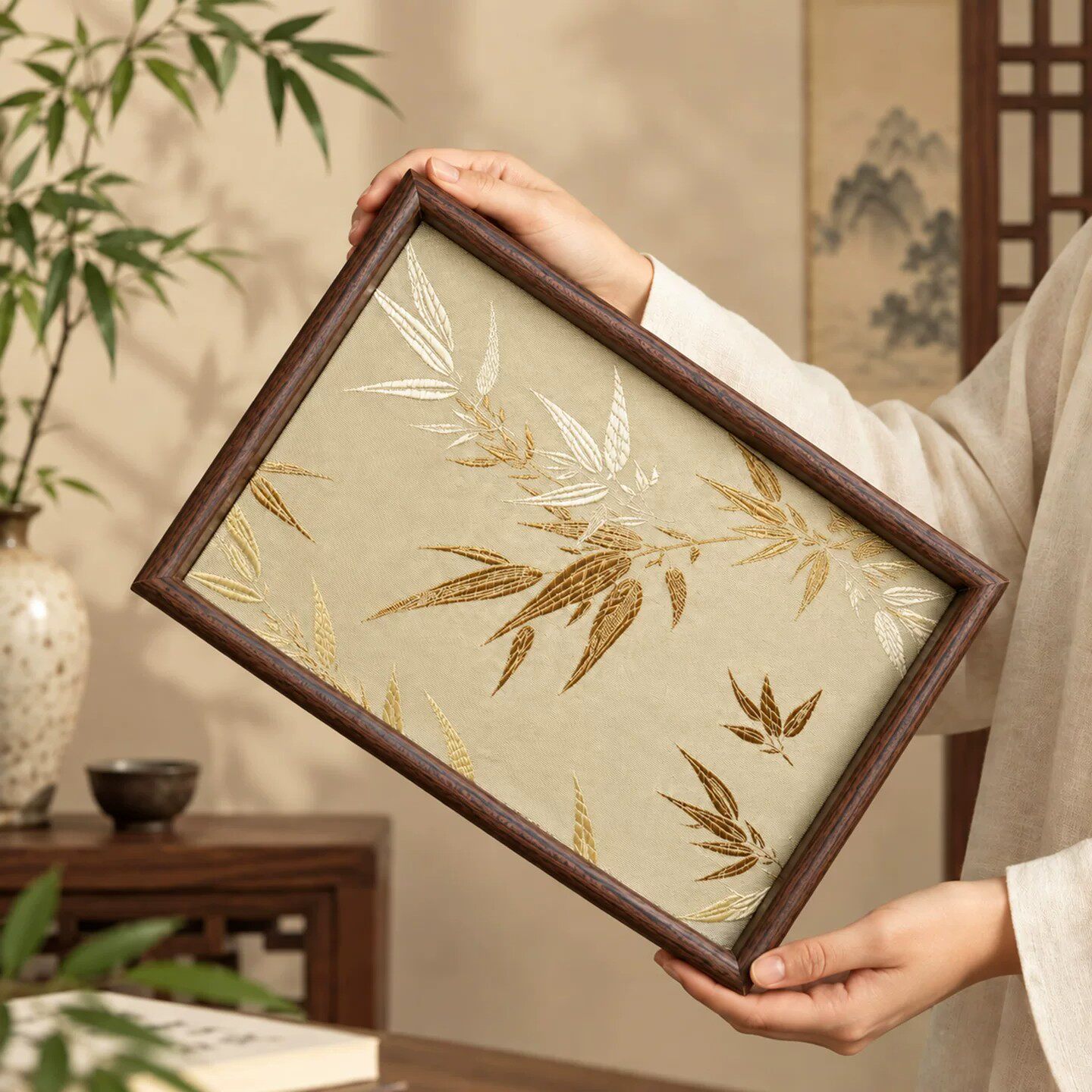 中式竹叶光影托盘客厅桌面杂物收纳木质置物盘复古高级感文玩茶盘