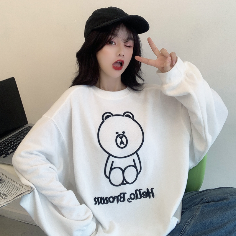 Real shot 250g winter Plush sweater women's loose Cartoon Bear Embroidery Crew Neck Pullover