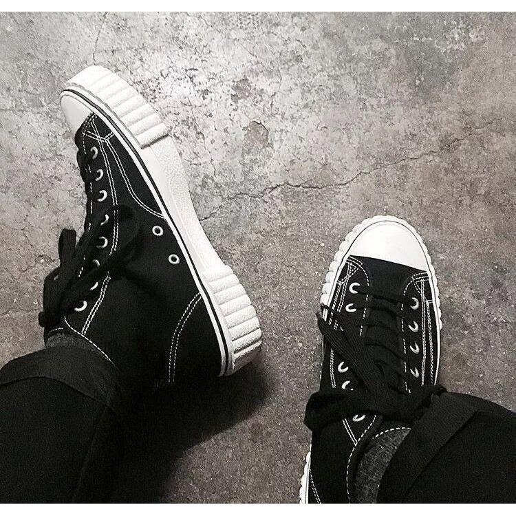 秋冬款高街复古厚底增高黑白帆布鞋工装古着高帮男鞋GANRYU