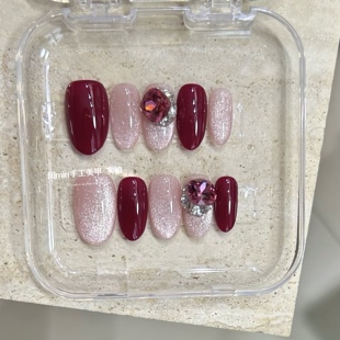 Mmnail手工穿戴甲玫红宝石猫眼堆钻高级定制温柔显白成品美甲贴片