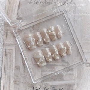 Mm nail指尖芭蕾飘带穿戴甲仙女高级珍珠裸色手工定制成品假指甲