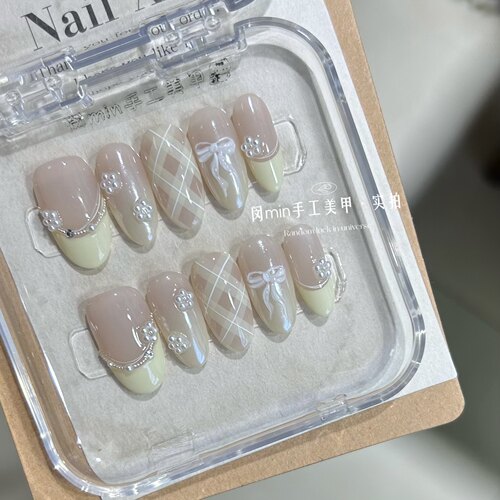 Mmnail‧夏日奶黄蝴蝶结穿戴甲格纹法式元气少女定制成品美甲贴