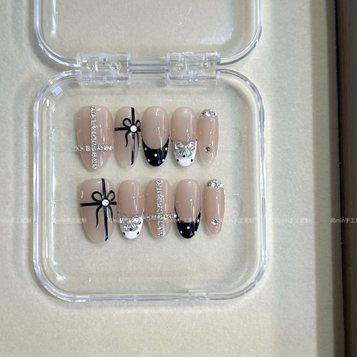 Mmnail法式蝴蝶结穿戴甲气质可爱显白小香风手工定制可拆卸美甲贴