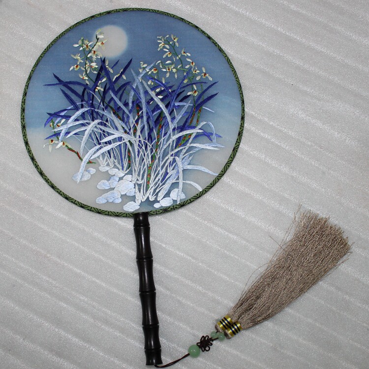 苏绣兰花幽香纯手工刺绣宫扇绣花扇子双面绣出国礼品中国风团扇