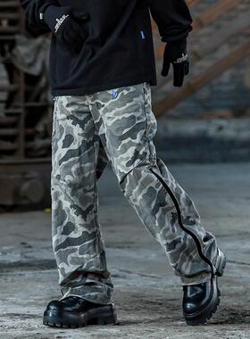BREAK MIX 潮牌做旧迷彩工装裤男美式复古微喇裤女机能直筒休闲裤