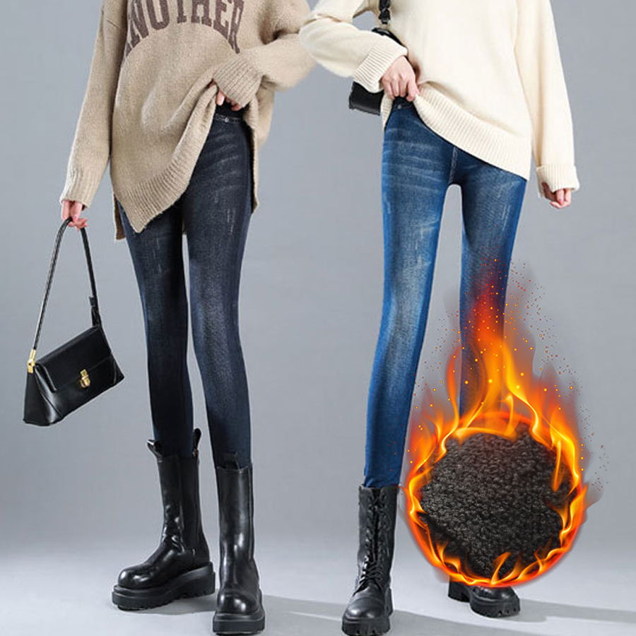 秋季加薄绒仿牛仔打底裤女士外穿加绒高腰大码小脚显瘦高弹紧身裤