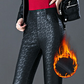 厚绒女士小脚PU皮裤 冬季 高弹力修身 显瘦铅笔裤 加绒靴裤 暗花纹女裤