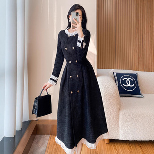 小香风黑色针织连衣裙春秋冬季新款女装气质高级感打底内搭长裙