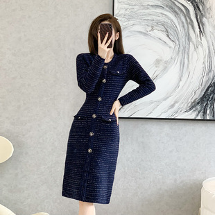 小香风连衣裙女秋冬季新款过膝长款洋气减龄显瘦长袖打底毛衣裙子