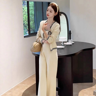 法式小香风针织套装女春季显瘦富家千金风内搭背心开衫长裤三件套