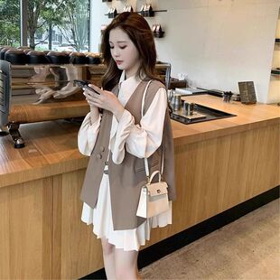 小个子mm女秋冬法式小香风西装马甲衬衫百褶连衣裙两件套装200斤