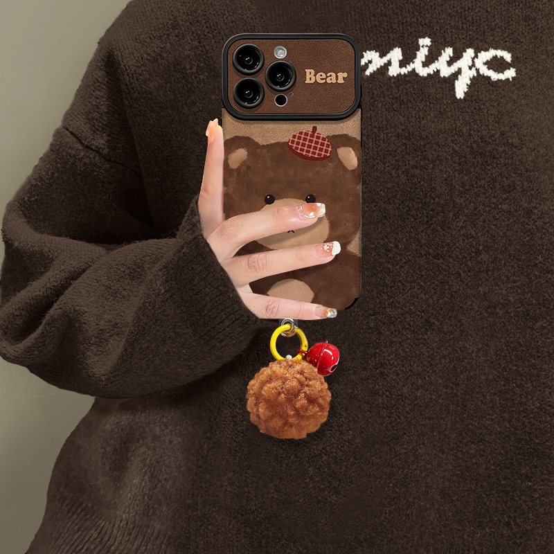 皮质可爱小熊挂坠适用苹果17promax手机壳iPhone16/15华为mate70新款pura80软小米17秋冬vivos30女reno14防摔