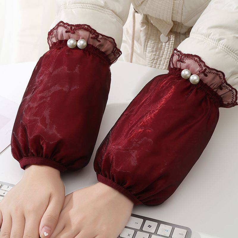 秋冬新款短款袖套女办公工作套袖羽绒服蕾丝珍珠护袖成人防污袖头