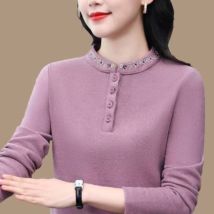 双面德绒打底衫女冬中年妈妈半高领保暖加绒加厚洋气磨毛中领上衣