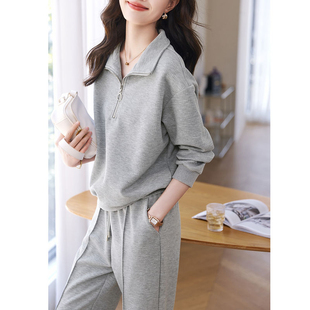 休闲运动服两件套2025秋冬薄款卫衣华夫格简约翻领高级感套装女潮