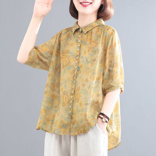 中年妈妈夏装棉麻碎花衬衫两件套