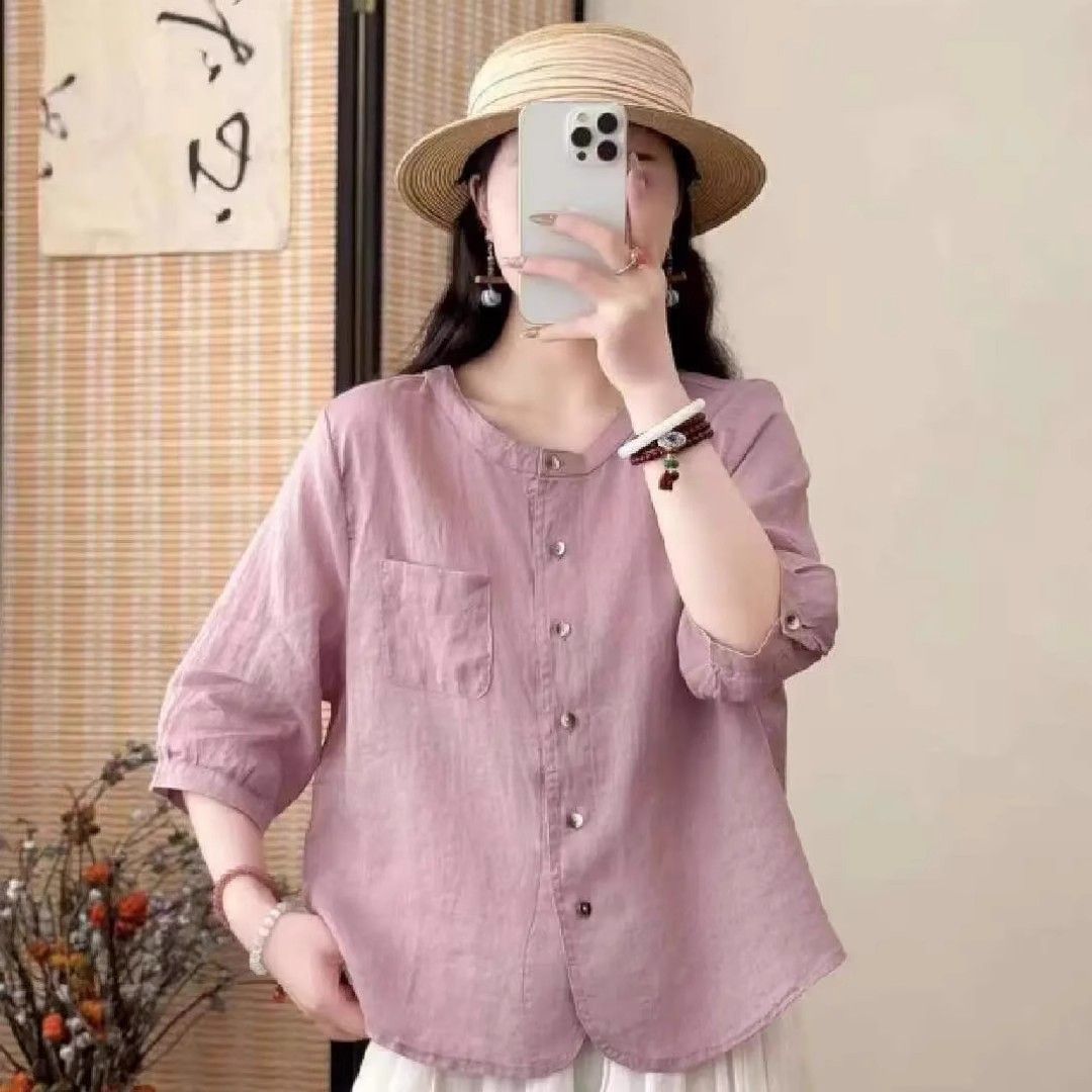 中年妈妈气质亚麻衬衫女士洋气高端夏季宽松遮肚子棉麻七分袖上衣