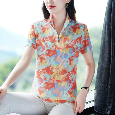 冰丝速干短袖时尚立领透气上衣女