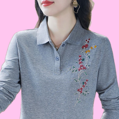 翻领大码洋气妈妈绣花长袖上衣