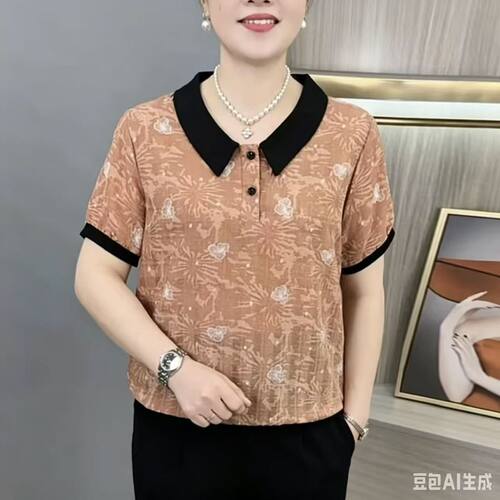 夏季妈妈装宽松撞色减龄洋气T恤