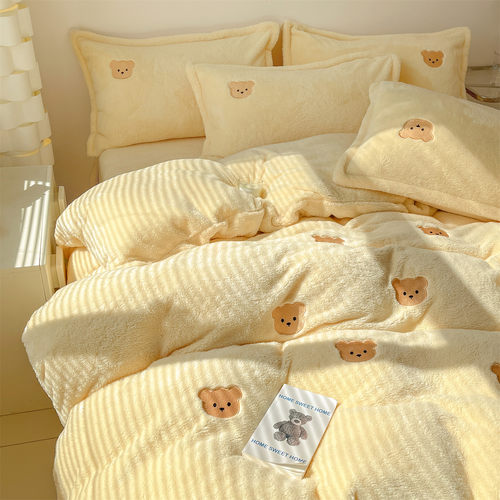 卡通刺绣北极绒四件套双面牛奶绒