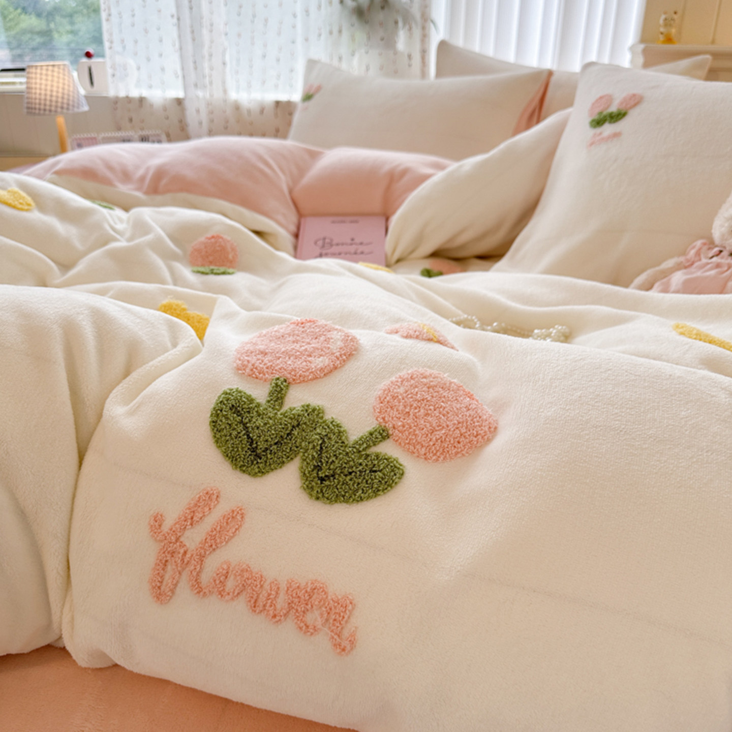 ins冬季毛巾绣牛奶绒四件套加厚